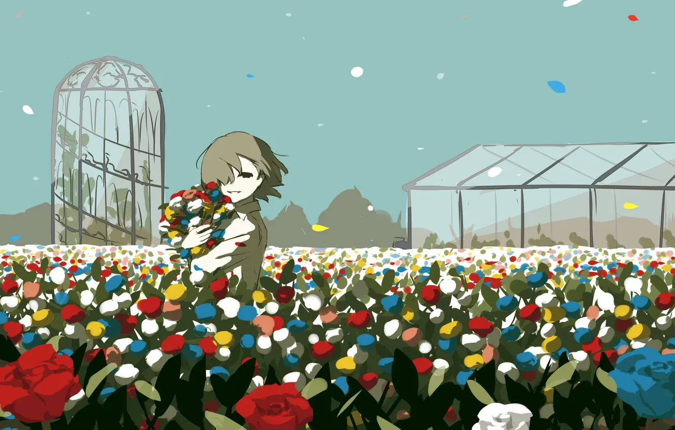 Photo wallpaper roses, boy, greenhouse