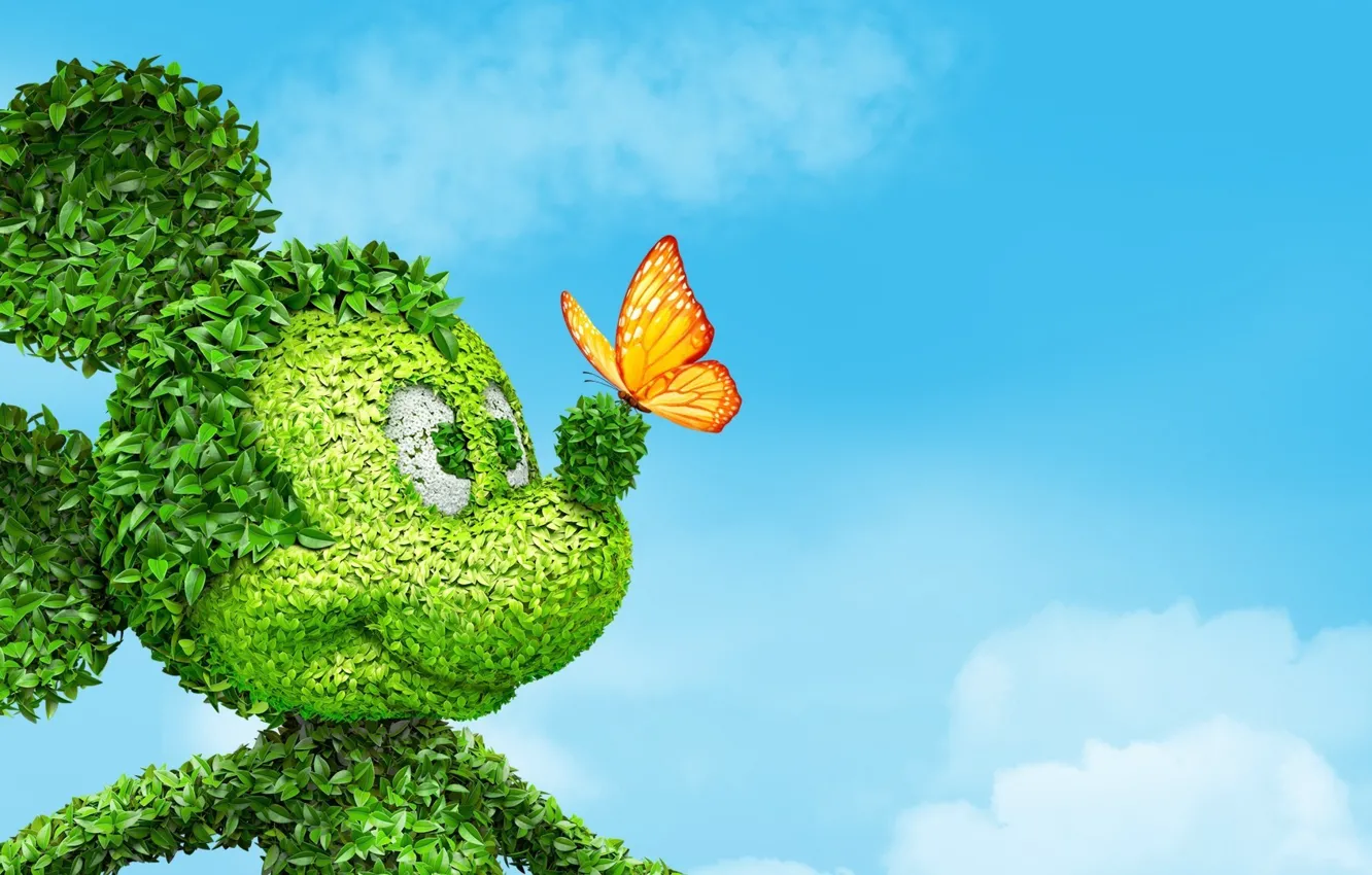Photo wallpaper the sky, eyes, leaves, clouds, butterfly, nose, ears, the bushes