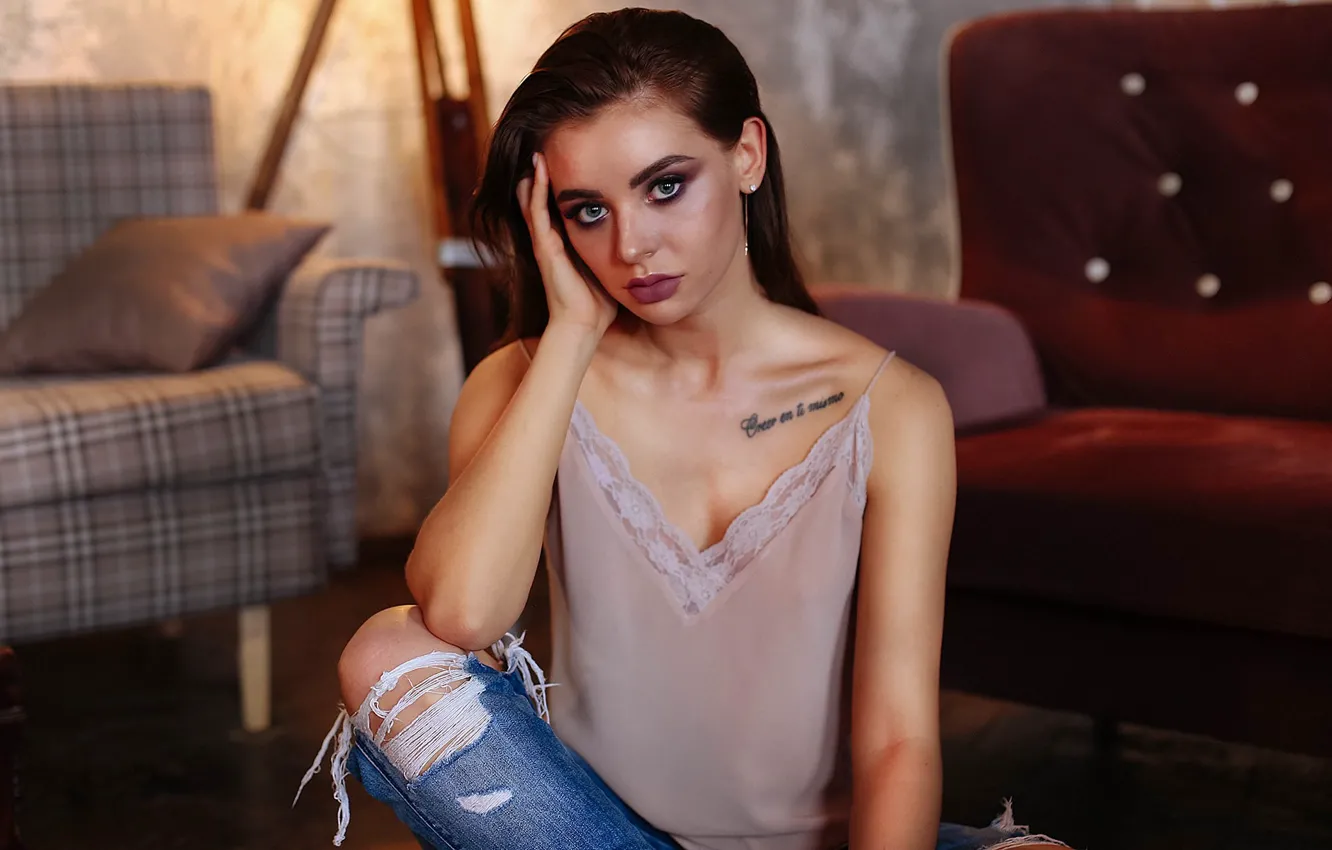 Photo wallpaper girl, photo, blue eyes, model, tattoo, jeans, brunette, sitting