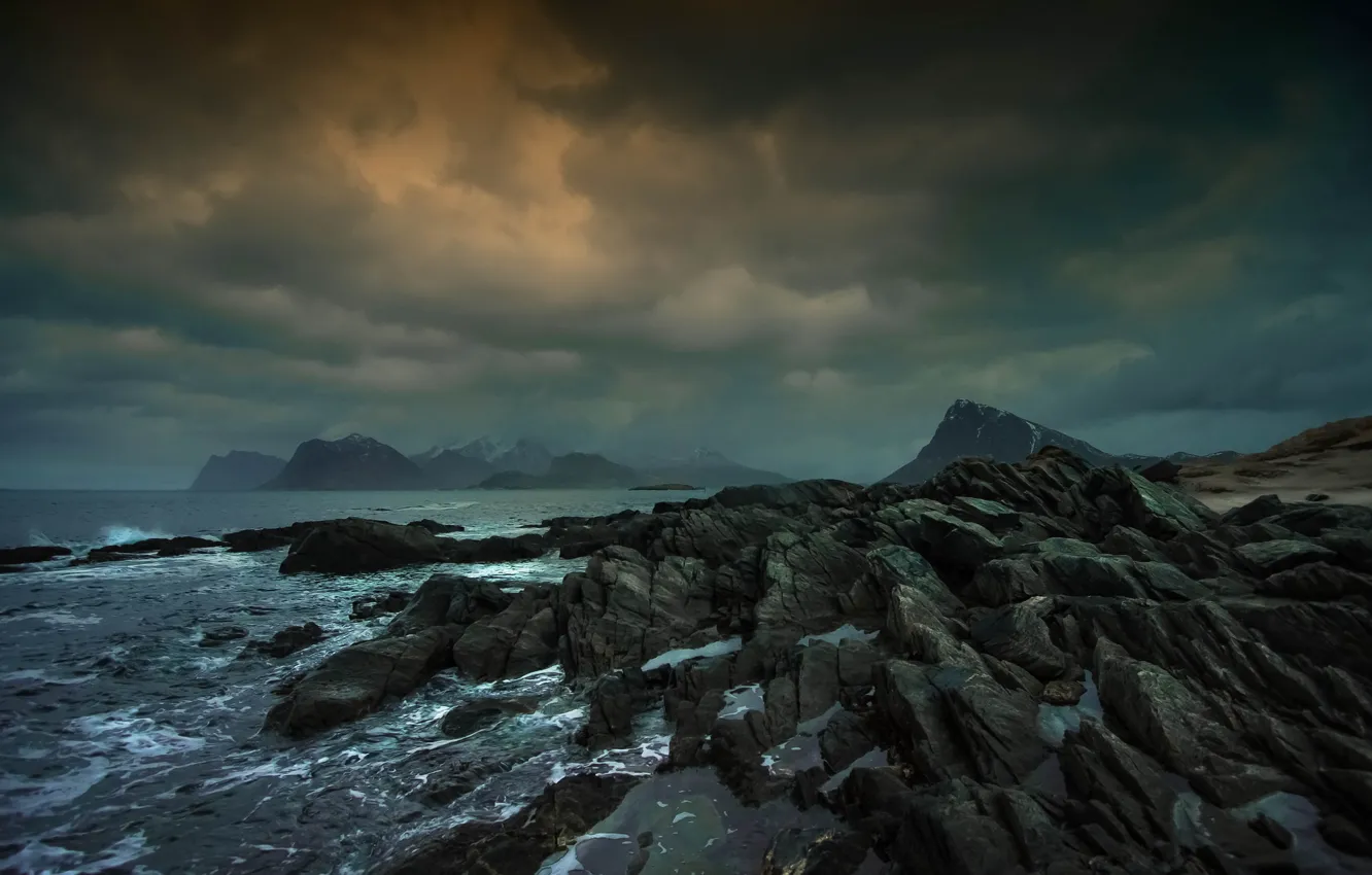Photo wallpaper sea, clouds, storm, rocks