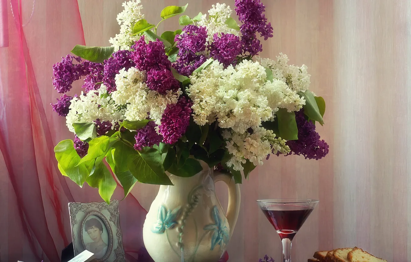 Photo wallpaper white, leaves, flowers, table, wine, glass, bouquet, spring