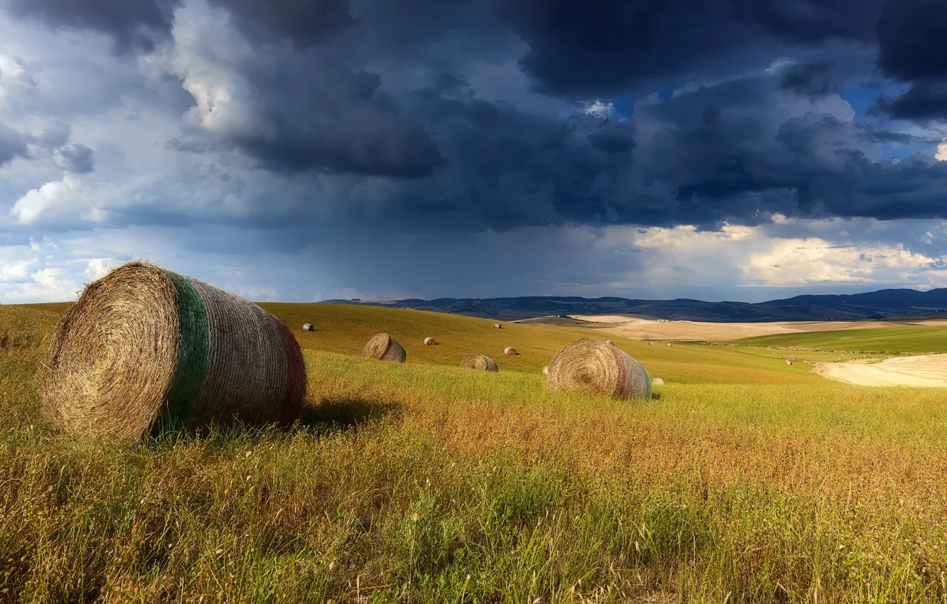 Photo wallpaper field, summer, clouds, hay