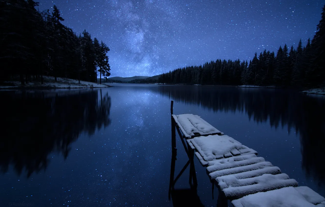 Photo wallpaper winter, forest, the sky, stars, snow, trees, night, river