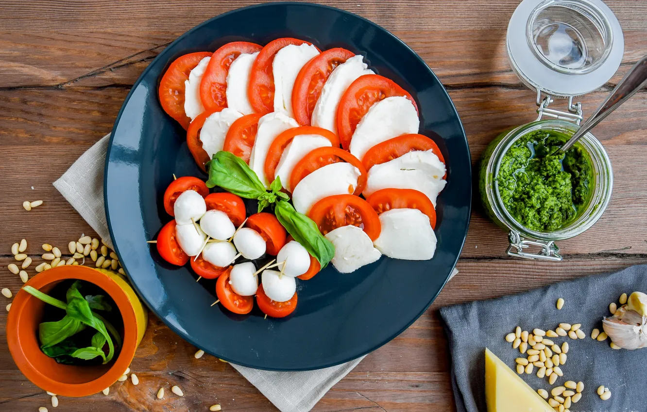 Photo wallpaper tomatoes, salad, Caprese, mozzarella, pesto