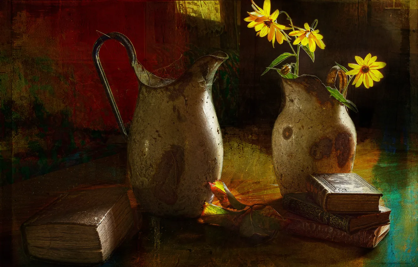 Photo wallpaper flowers, style, books, vintage, pitchers