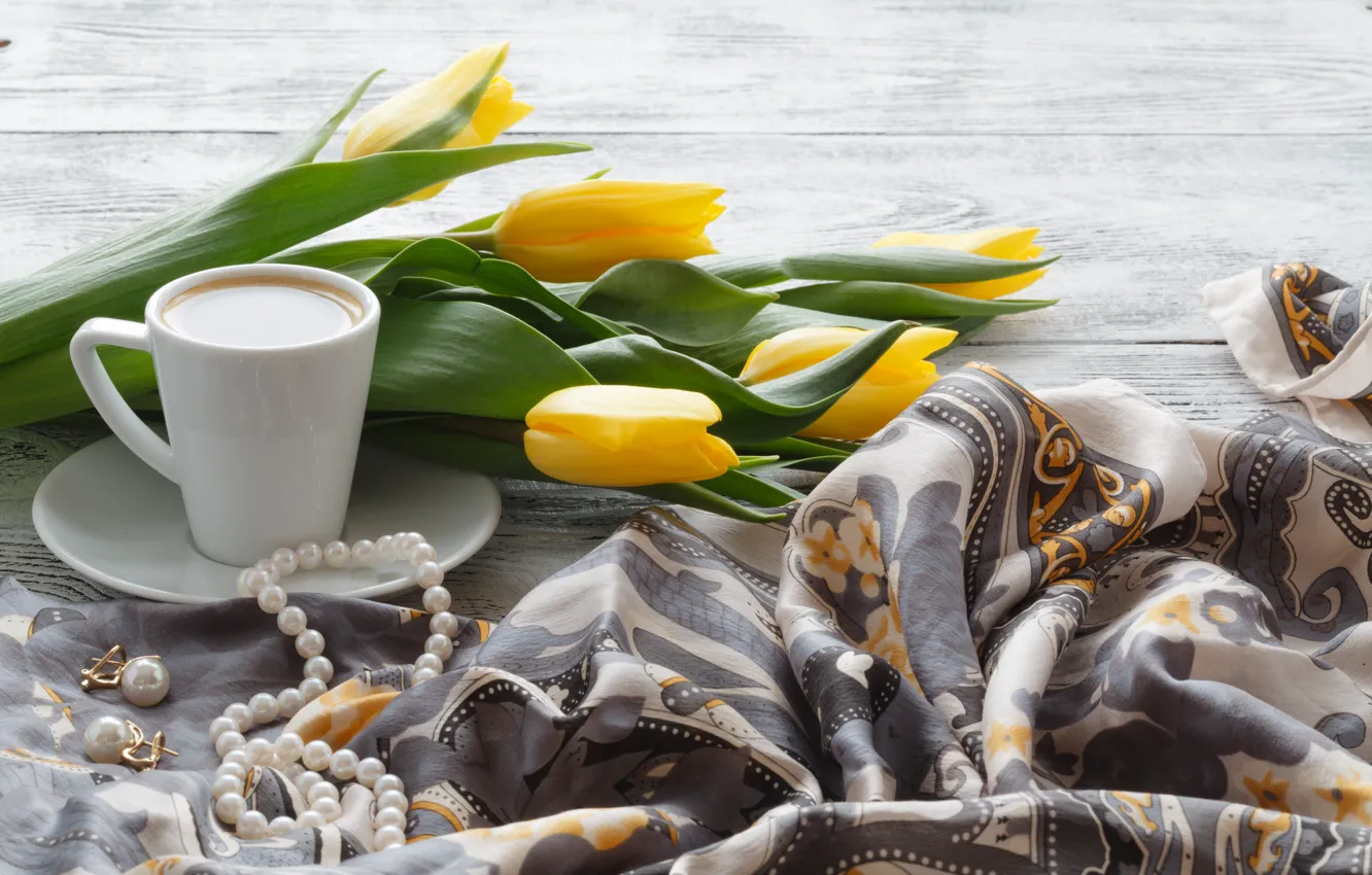 Photo wallpaper coffee, tulips, decoration, shawl, Andrey Cherkasov