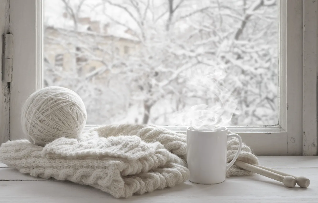 Photo wallpaper winter, snow, wool, scarf, window, Cup, hot, winter