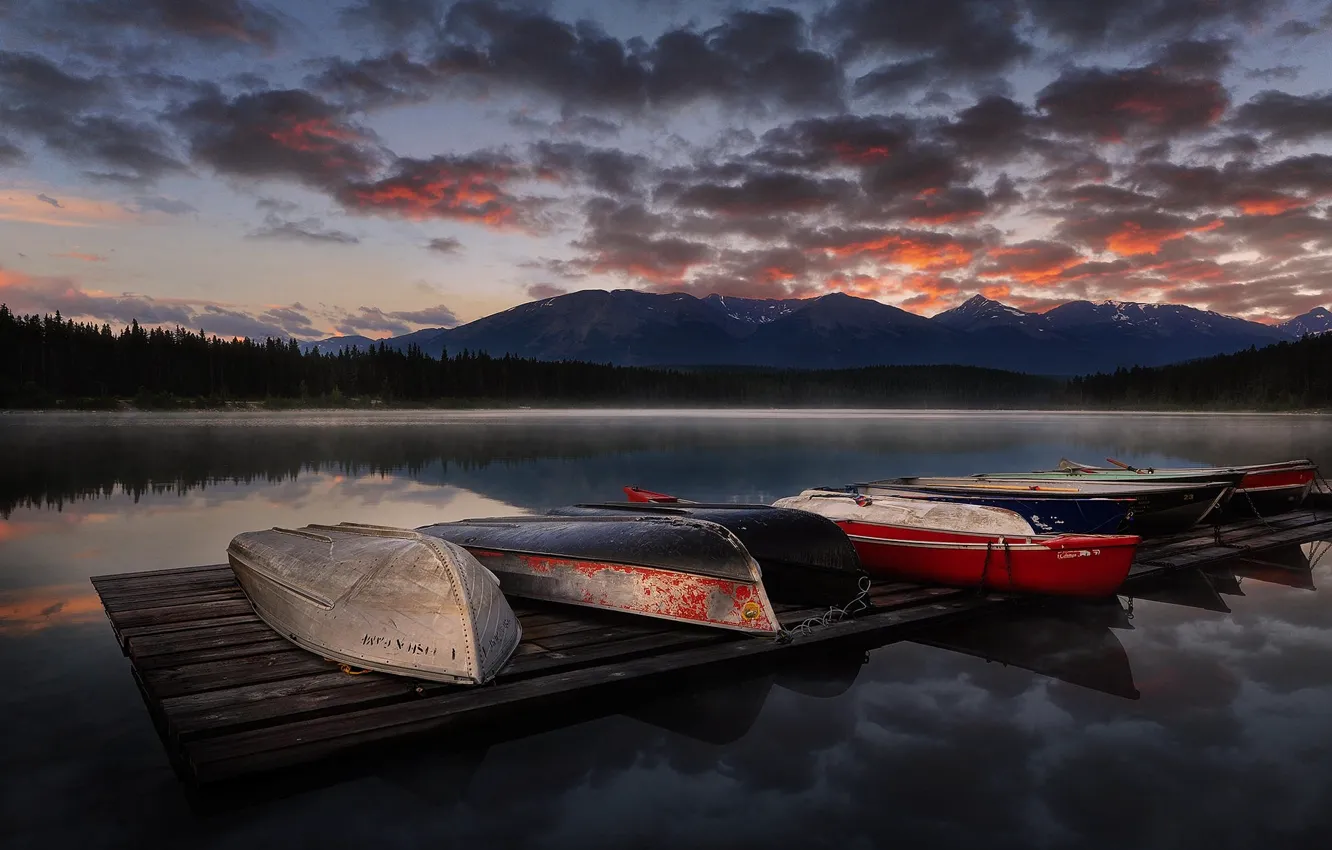 Photo wallpaper landscape, sunset, mountains, nature, lake, boats