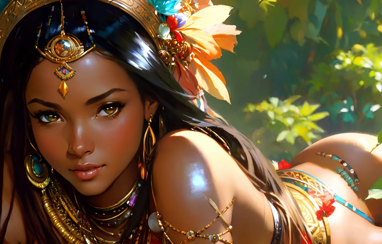 Photo wallpaper girl, decoration, feathers, art, outfit, mulatto, African Closeup