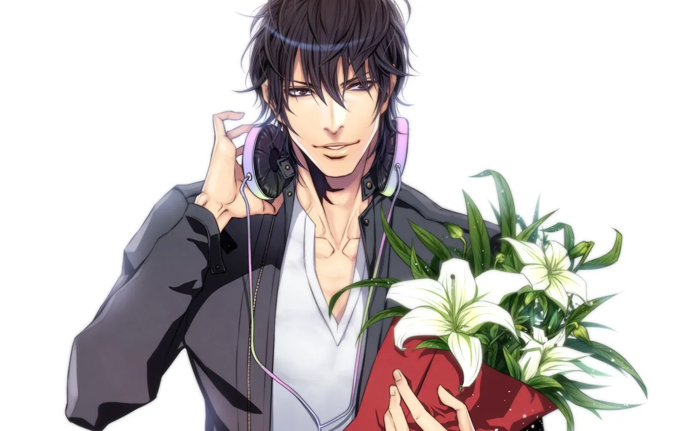 Photo wallpaper flowers, bouquet, anime, headphones, guy