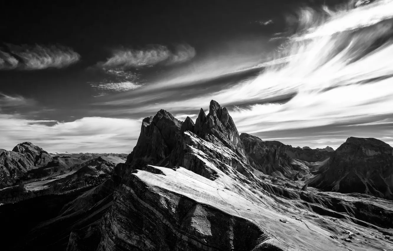 Photo wallpaper the sky, clouds, snow, mountains, rocks, Black and white