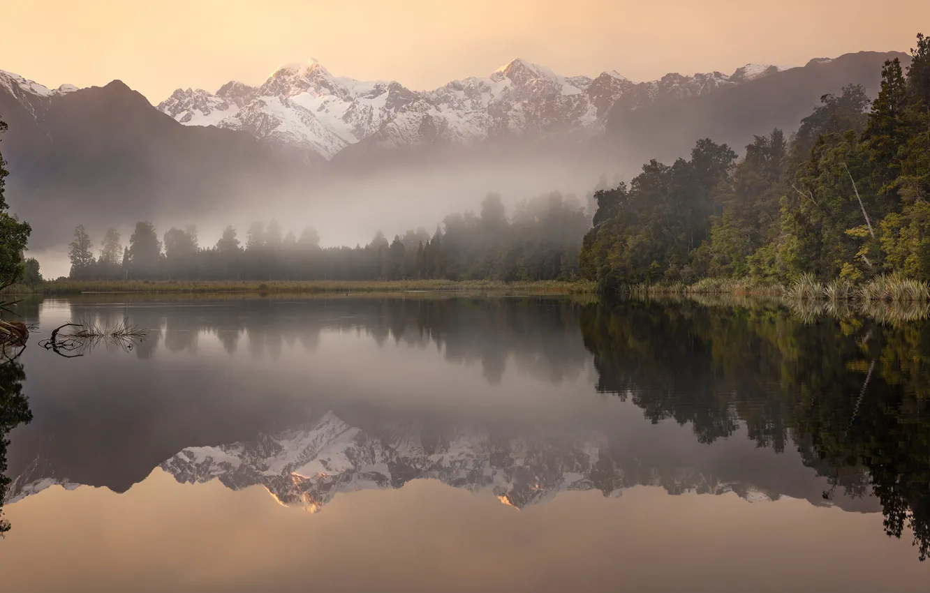 Photo wallpaper forest, mountains, fog, reflection, shore, morning, pond, mirror