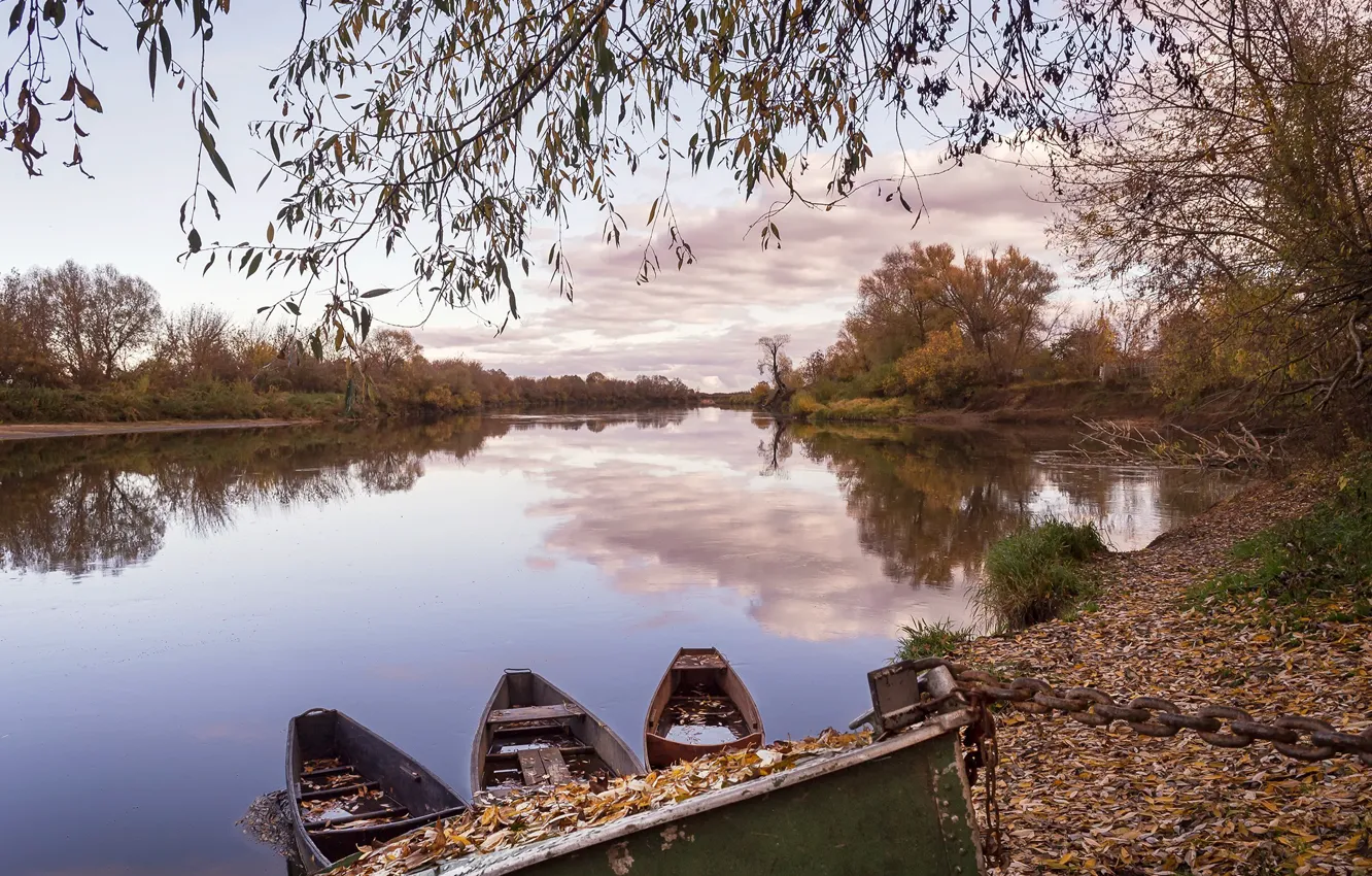 Photo wallpaper landscape, boat, calm, silence, river