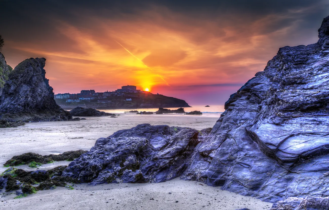 Photo wallpaper sea, beach, sunset, nature, rocks, England, Newquay