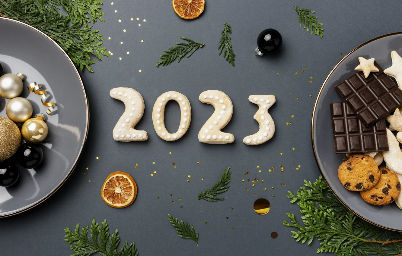 Photo wallpaper balls, branches, table, new year, chocolate, cookies, plate, figures