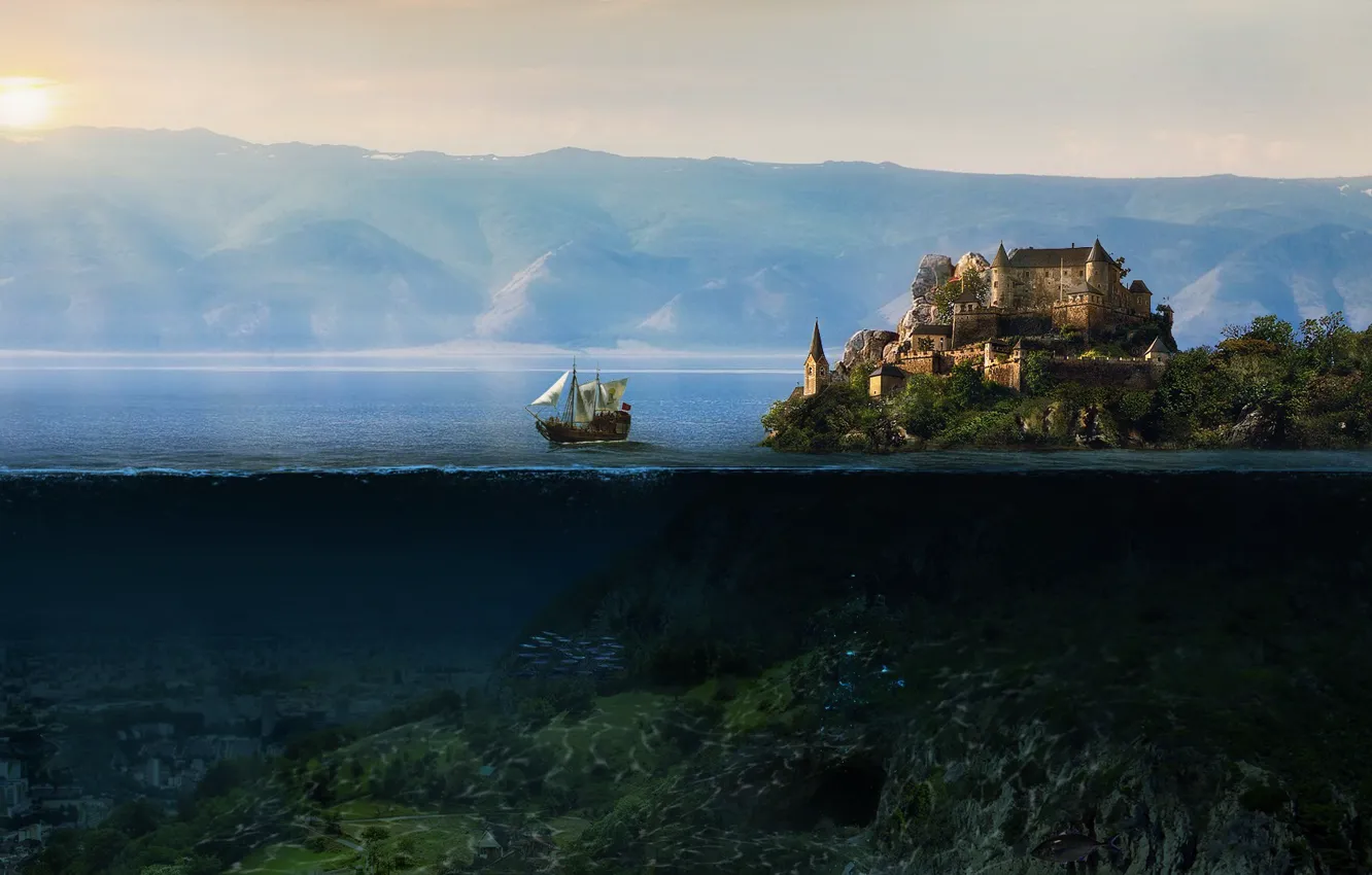 Photo wallpaper the sun, mountains, castle, the ocean, island, underwater world, korabl
