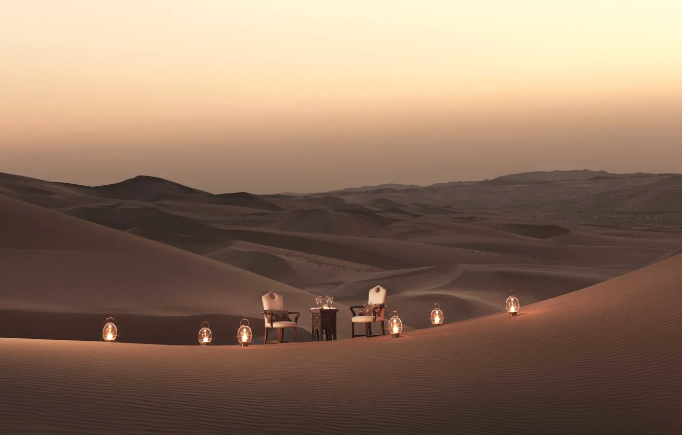 Photo wallpaper sand, wine, romance, desert, candles, dunes, a table for two