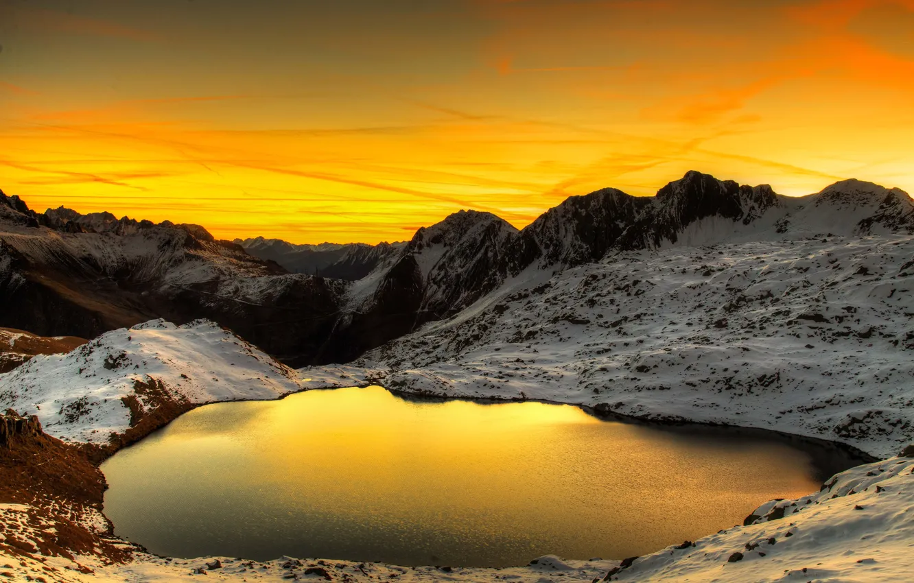 Photo wallpaper pool, twilight, sunset, winter, mountains, mountain, snow, dusk