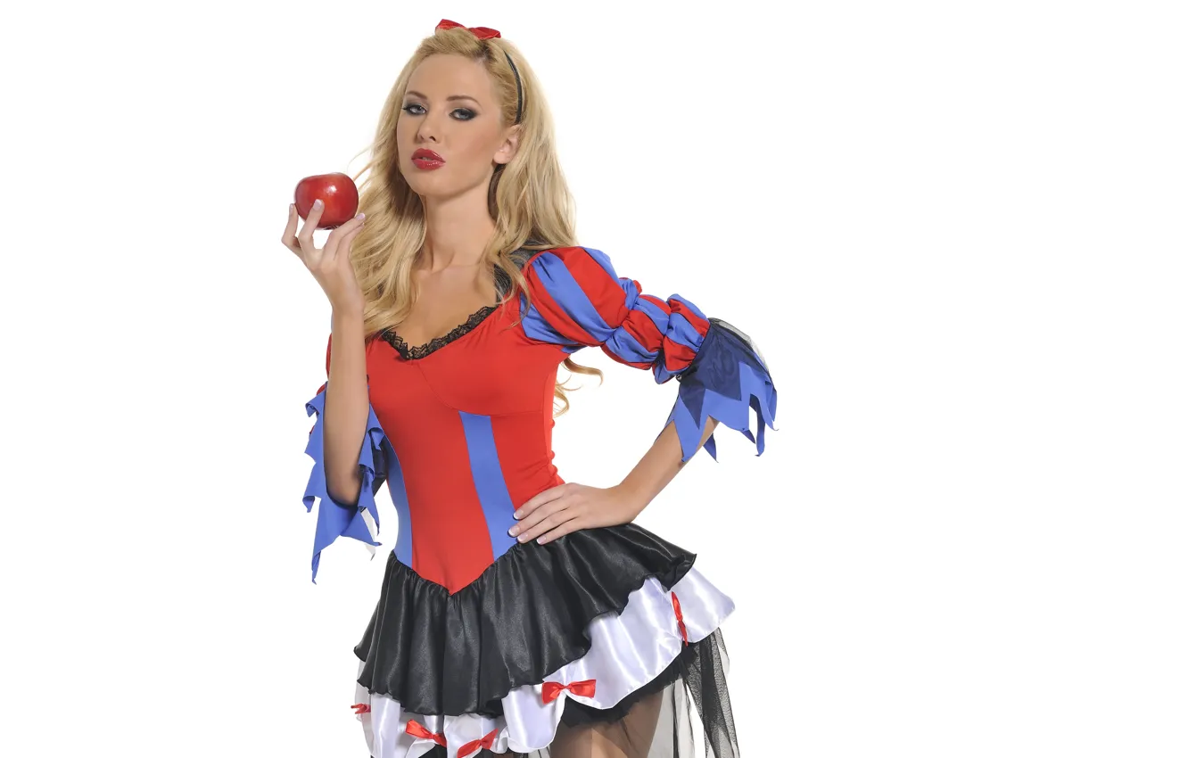 Photo wallpaper white, girl, face, background, apples, blonde, costume, lips