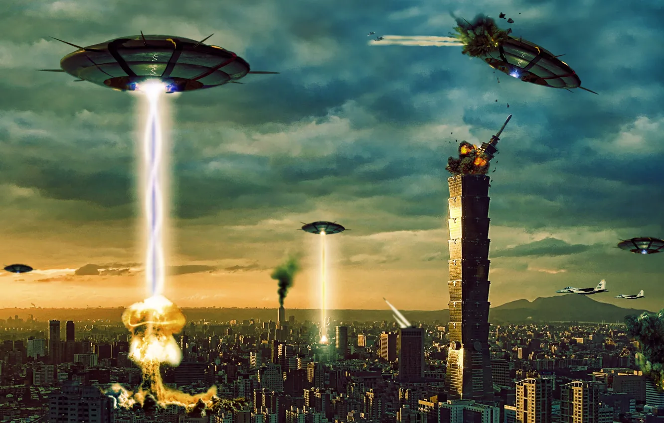 Photo wallpaper the explosion, the city, ship, invasion