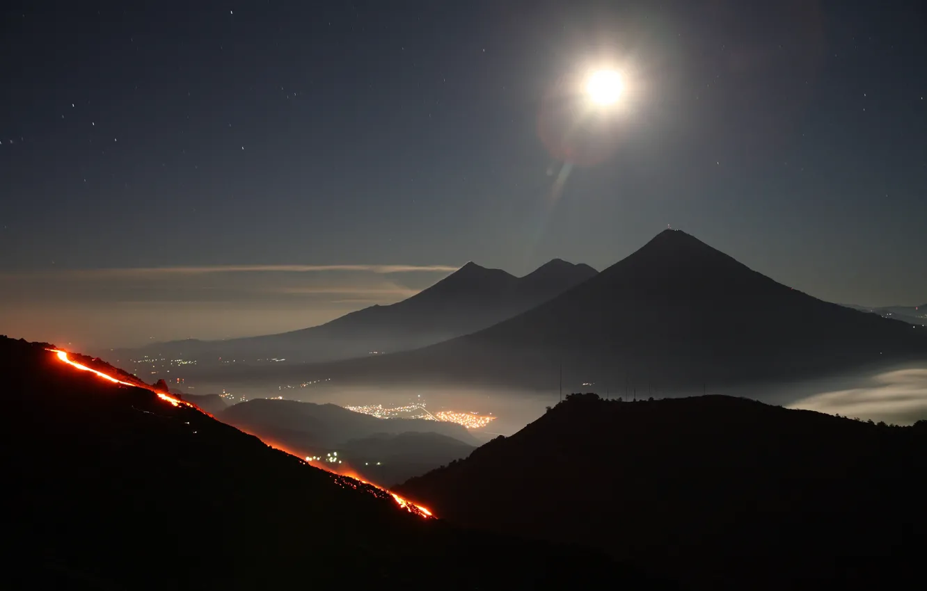 Photo wallpaper the sky, stars, mountains, the city, lights, the volcano, the eruption, Guatemala
