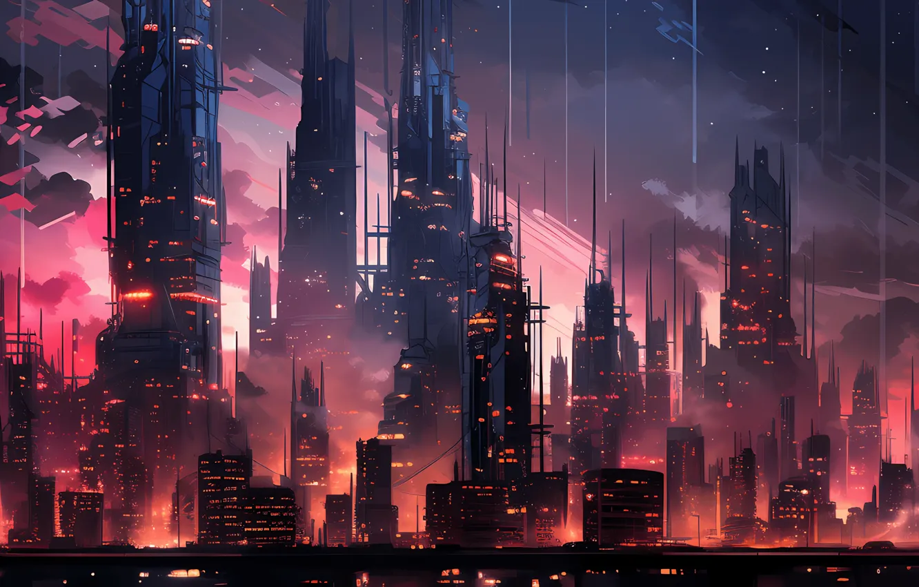 Photo wallpaper city, digital art, building, cityscape, futuristic, Cyberpunk, AI Art