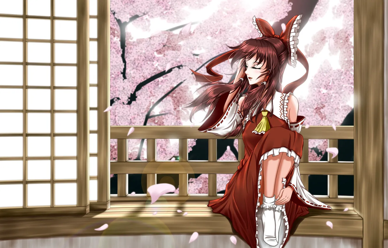 Photo wallpaper girl, room, the wind, Sakura, art, balcony, touhou, sitting