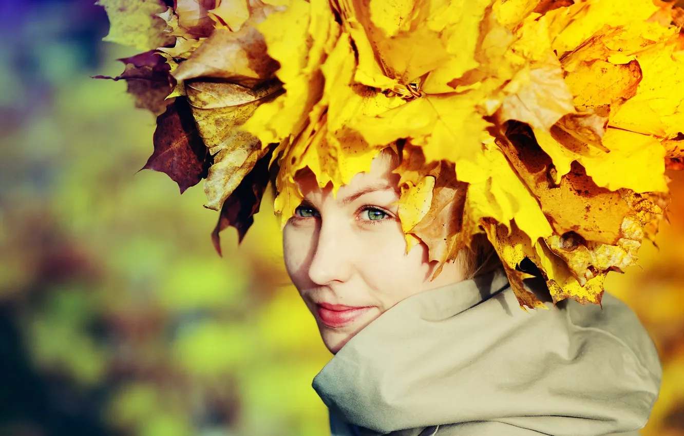 Photo wallpaper autumn, leaves, girl