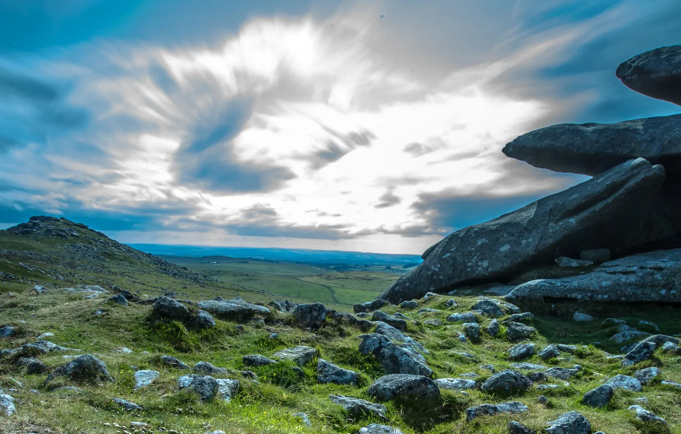 Photo wallpaper the sky, clouds, mountains, stones, panorama