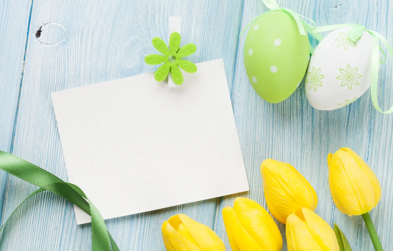 Photo wallpaper Easter, tulips, yellow, wood, tulips, spring, Easter, eggs