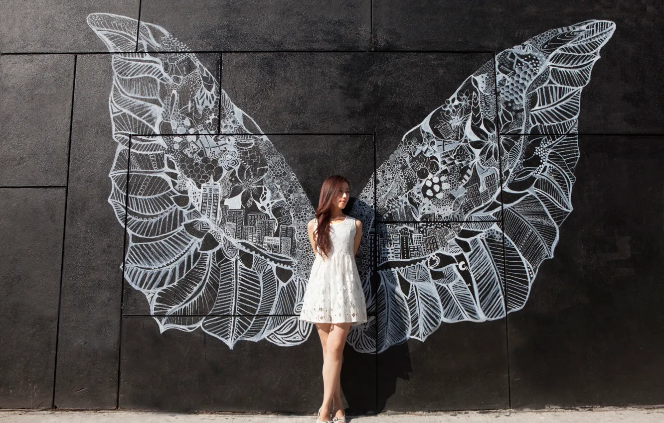 Photo wallpaper girl, wall, figure, wings