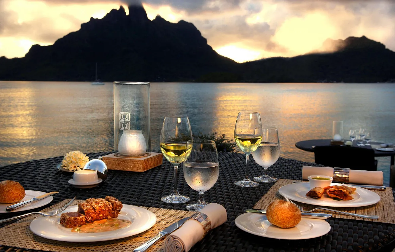 Photo wallpaper evening, Bora-Bora, dinner, Polynesia, Otemanu