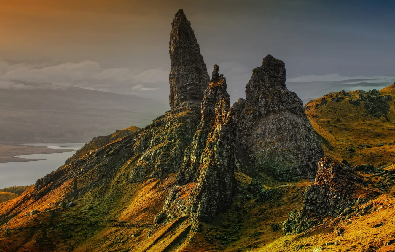 Photo wallpaper the sky, clouds, light, landscape, mountains, nature, fog, river