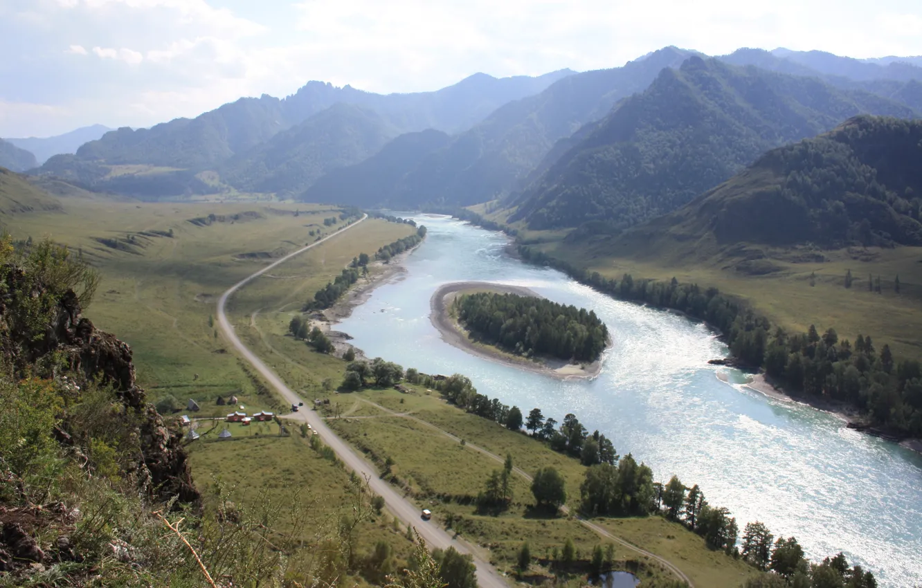 Photo wallpaper forest, landscape, mountains, river, island, slope, Katun