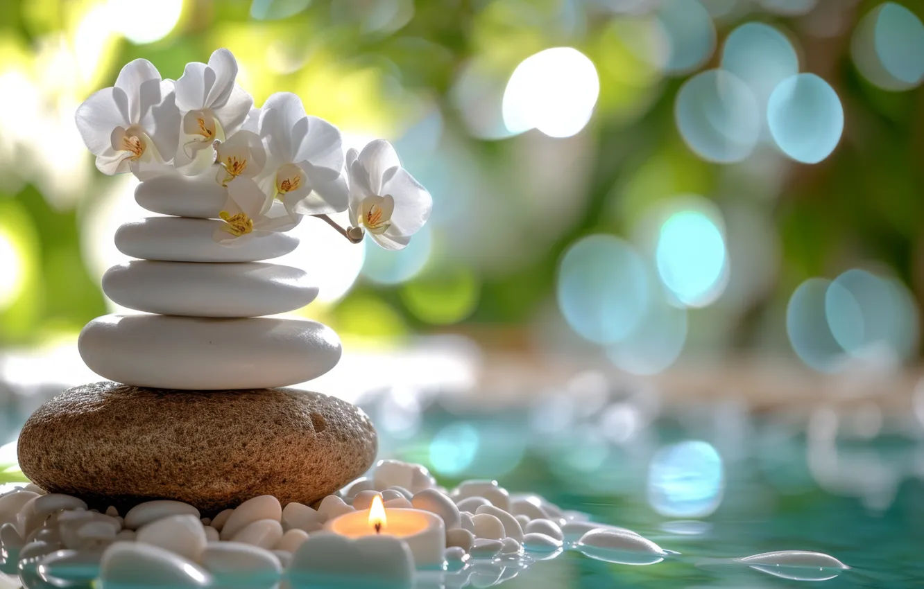 Photo wallpaper flowers, stones, Orchid, AI art, neural network