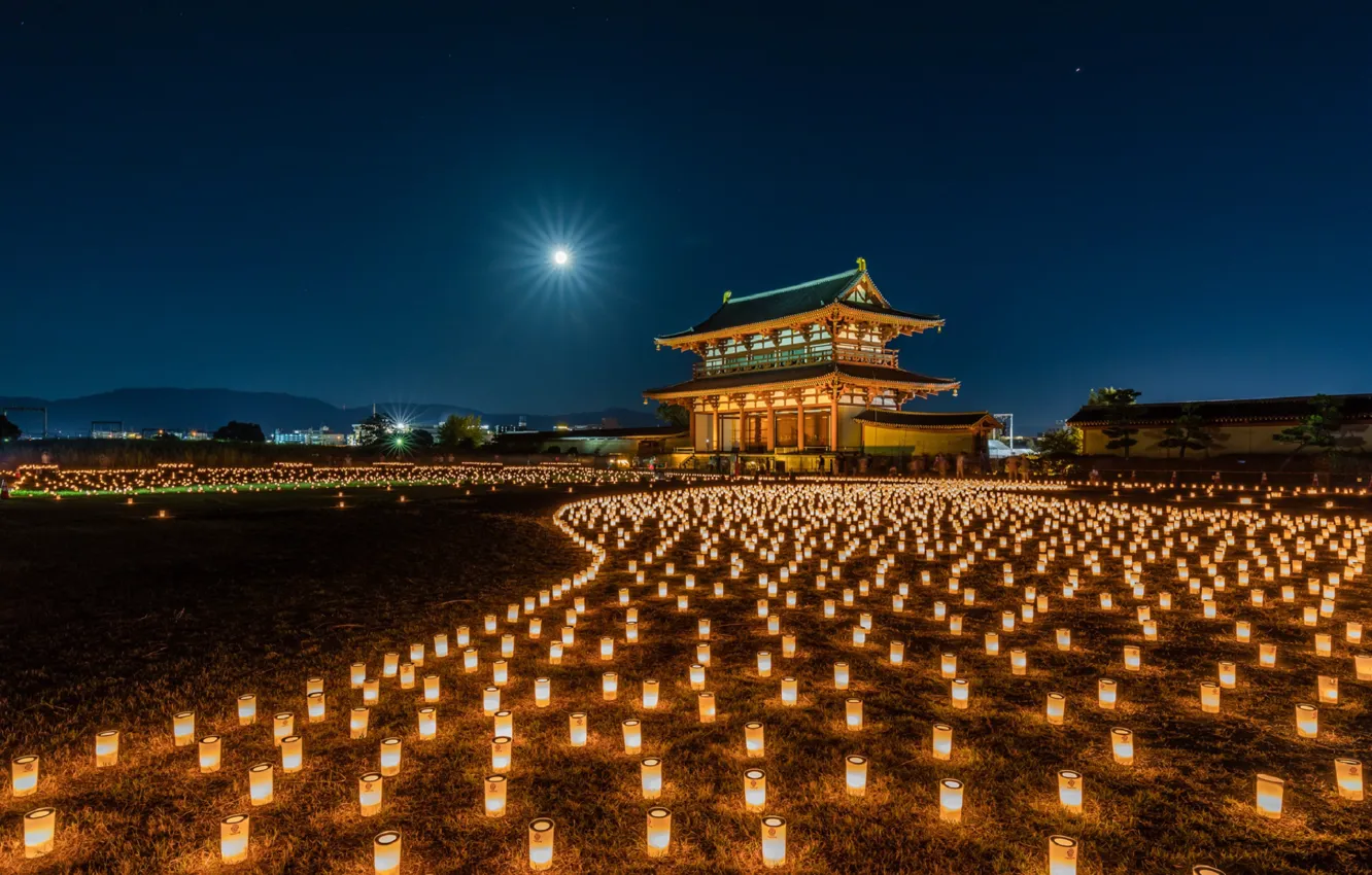 Photo wallpaper temple, Japan, lanterns, a lot, Nara Park