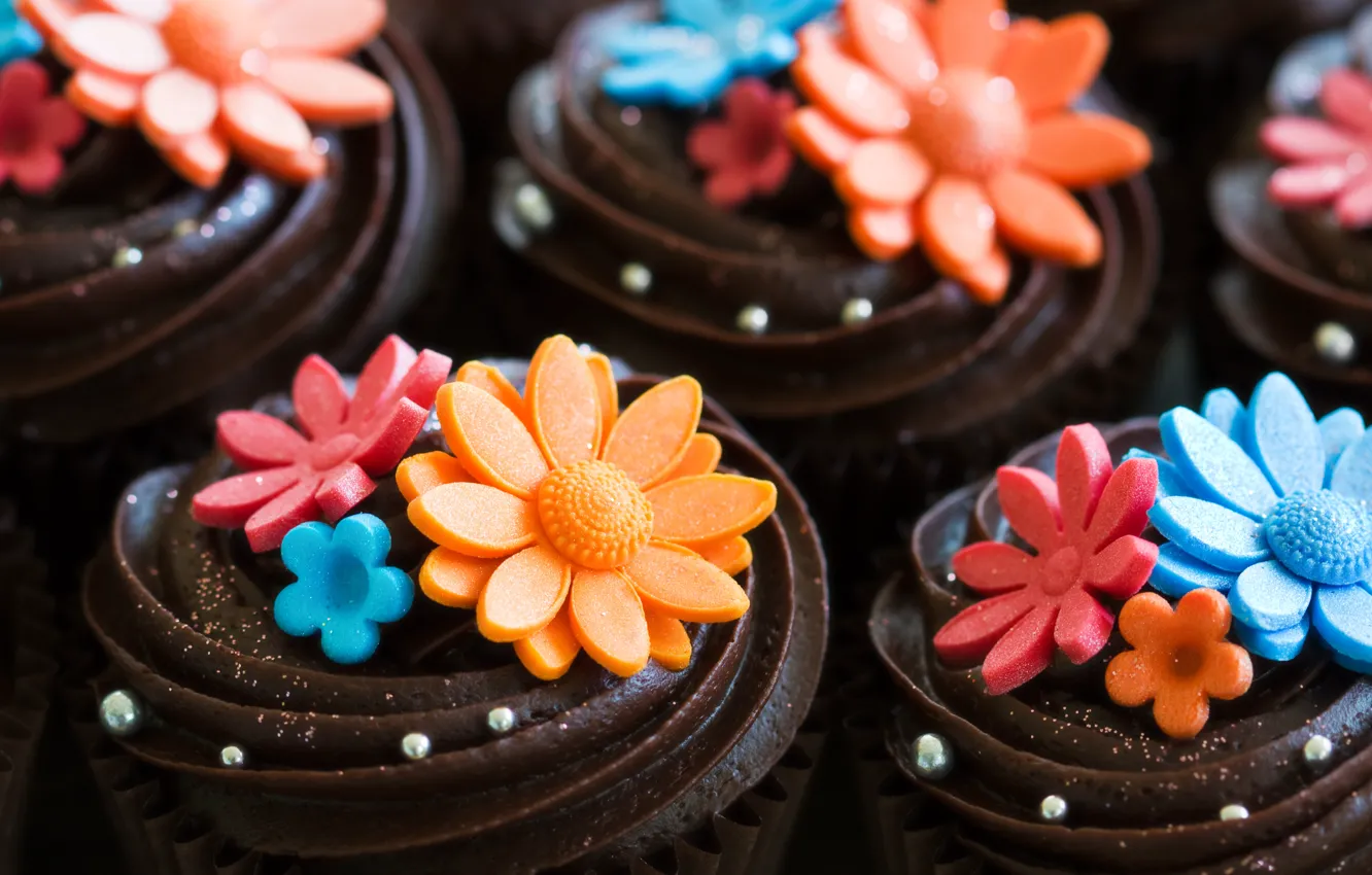 Photo wallpaper flowers, chocolate, sweets, decoration, cake, cream, dessert, cupcake