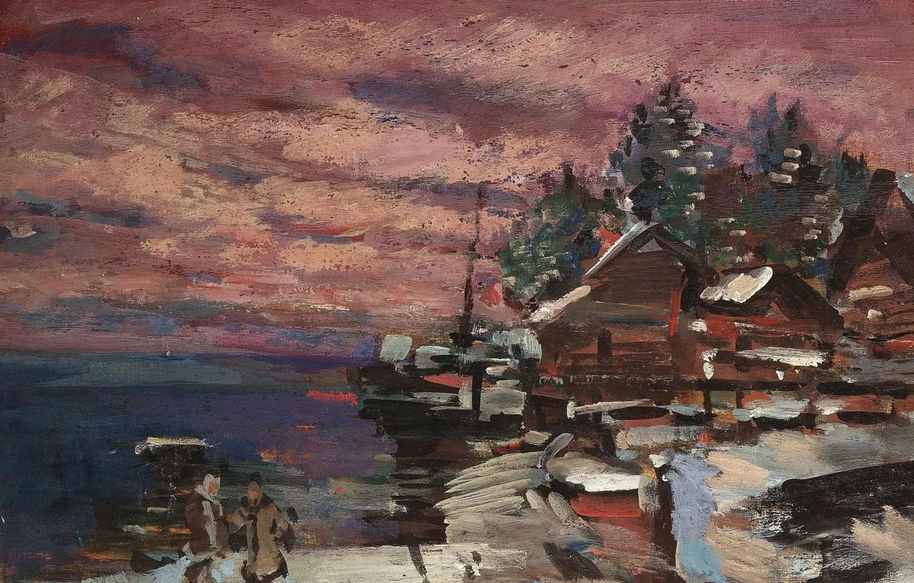 Photo wallpaper landscape, picture, impressionism, Konstantin Korovin, The Village In Winter