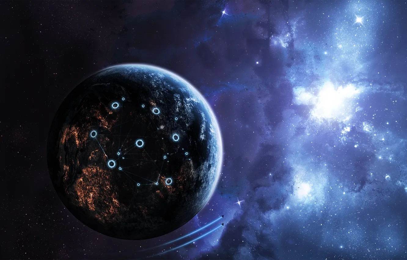 Photo wallpaper space, stars, light, planet, ships, structure, space