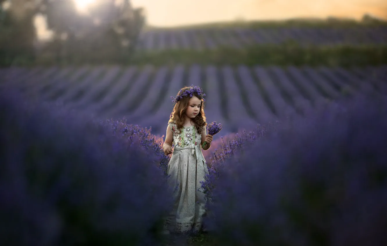 Photo wallpaper field, nature, dress, girl, wreath, child, a bunch, lavender
