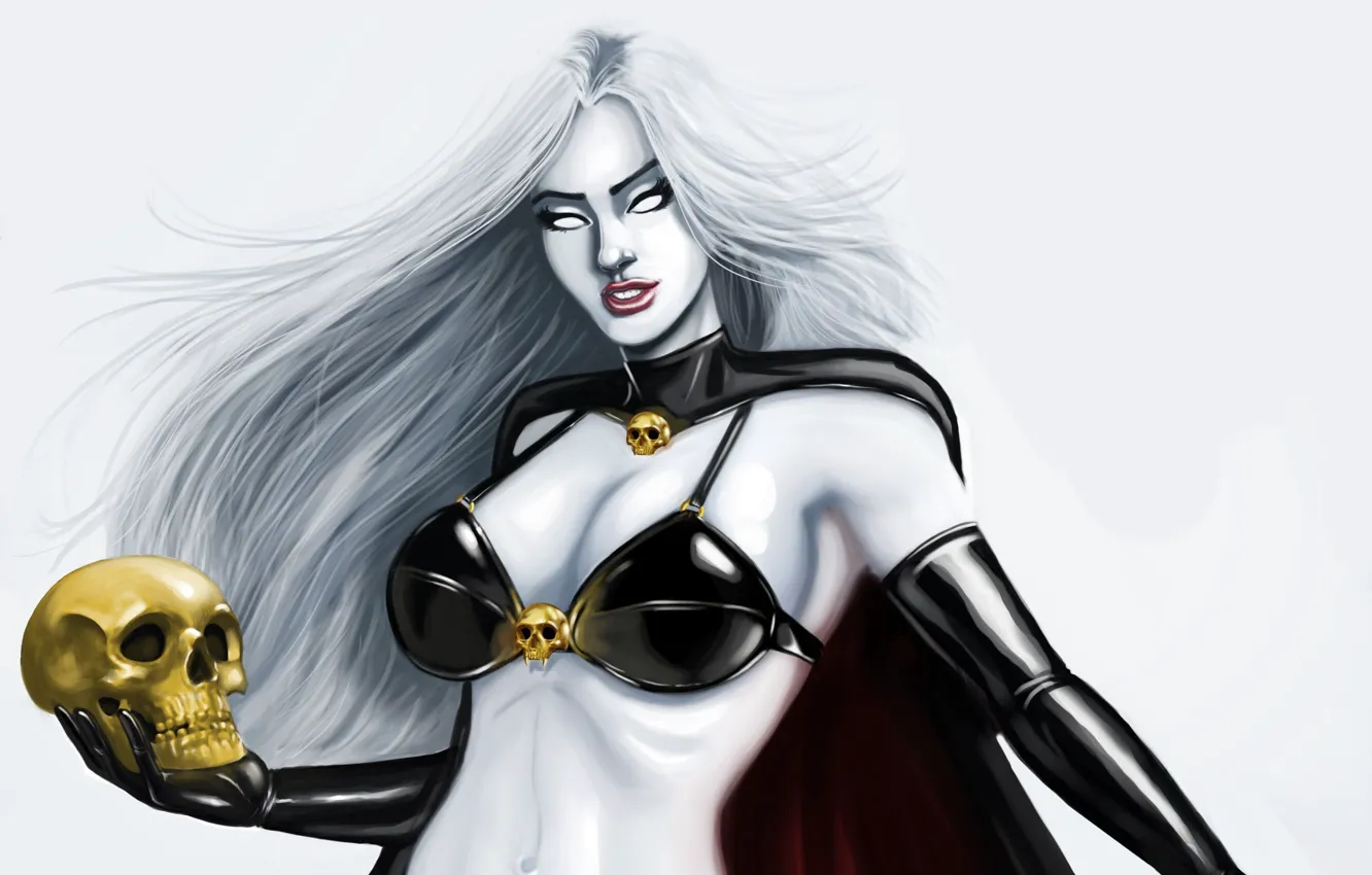 Photo wallpaper look, fiction, hair, skull, art, comic, white eyes, Lady Death