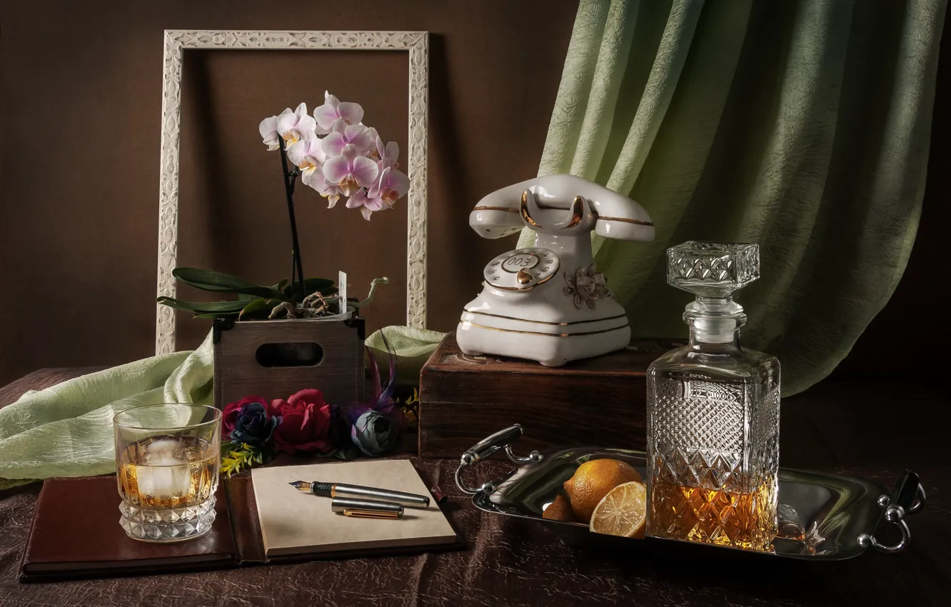 Photo wallpaper glass, lemon, handle, alcohol, book, phone, still life, whiskey