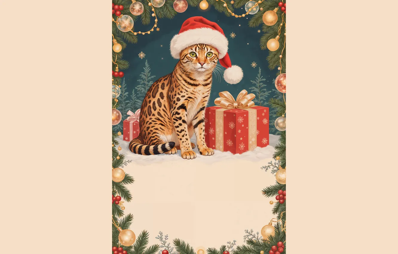Photo wallpaper cat, cat, look, balls, gift, new year, frame, Christmas