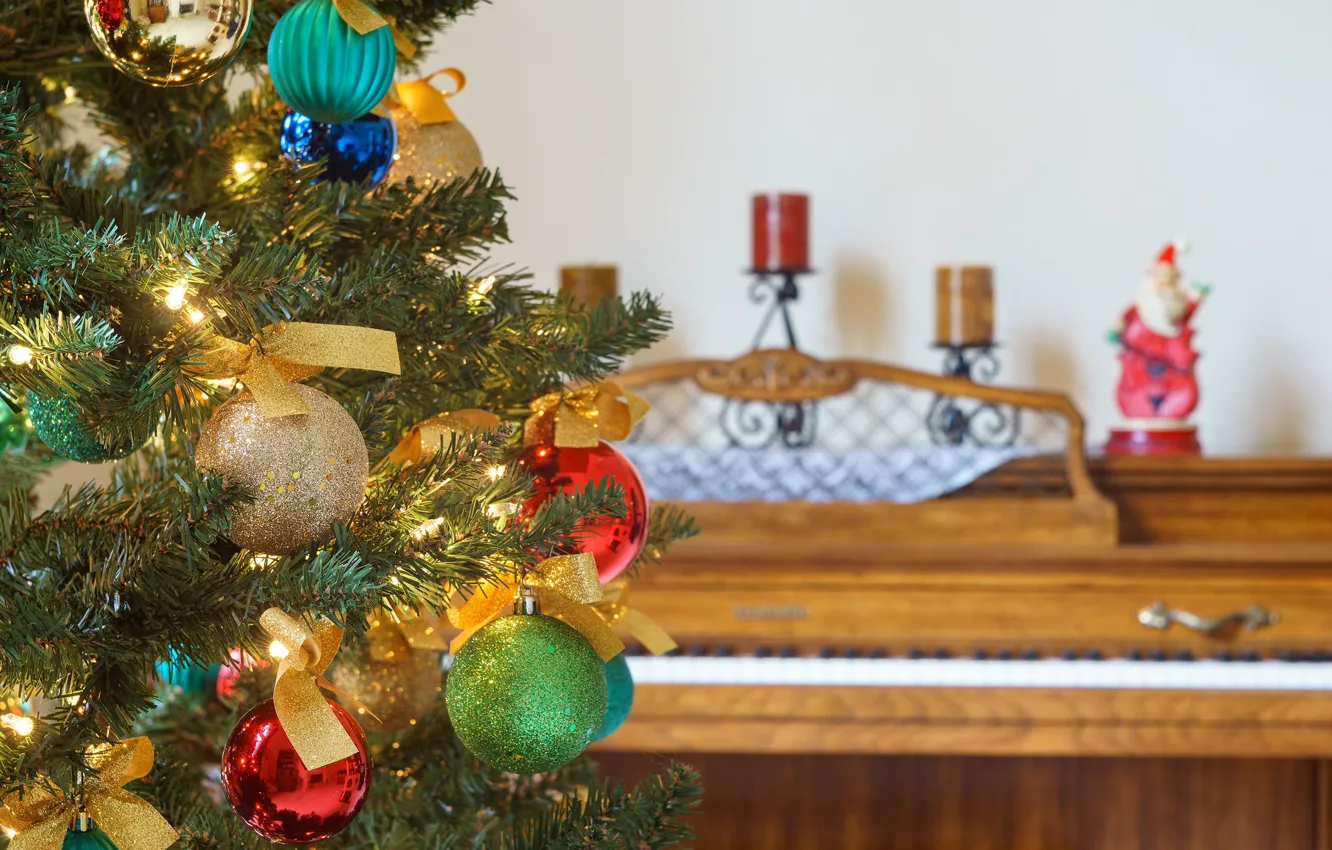 Photo wallpaper balls, balls, Christmas, New year, tree, piano, Christmas decorations