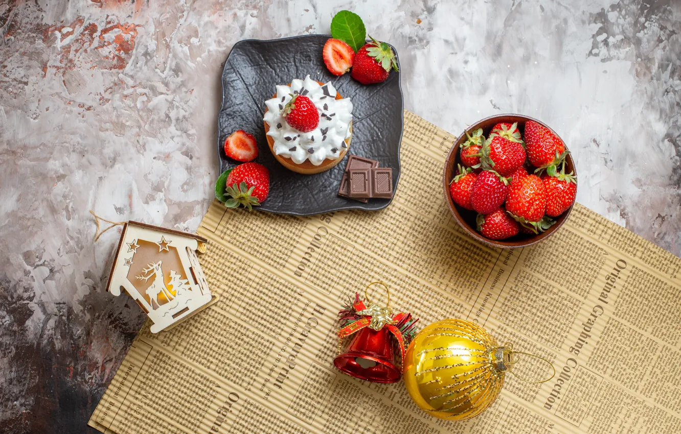 Photo wallpaper balls, berries, new year, chocolate, strawberry, Christmas, newspaper, house