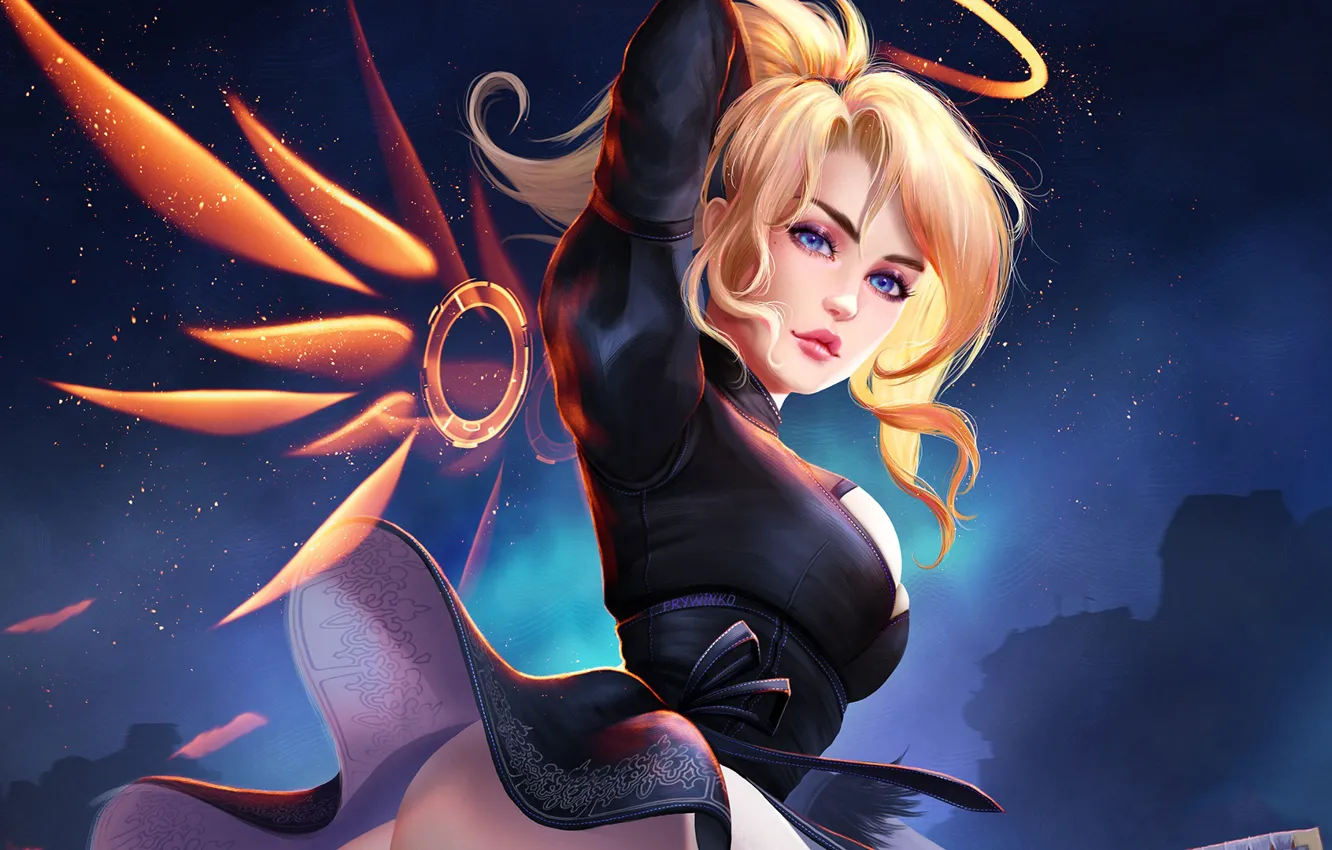 Photo wallpaper girl, night, wings, sparks, Overwatch