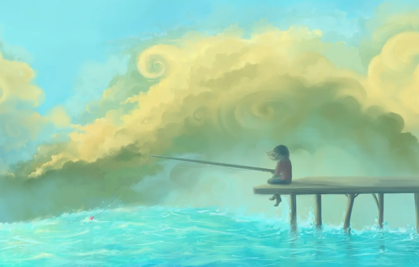 Photo wallpaper the sky, clouds, river, figure, pier, girl, float, rod