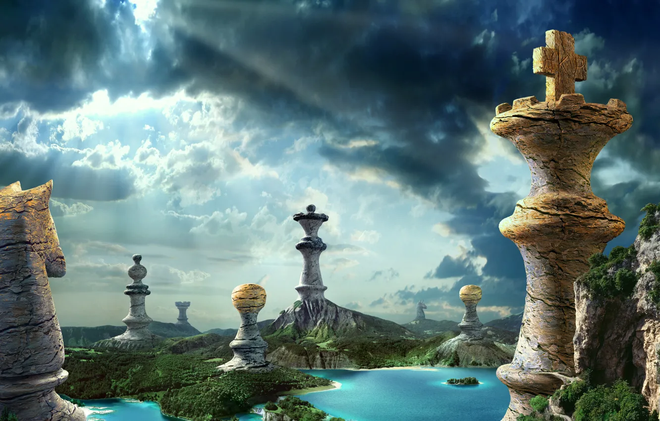 Photo wallpaper forest, the sky, nature, lake, stones, waterfall, chess, chess pieces