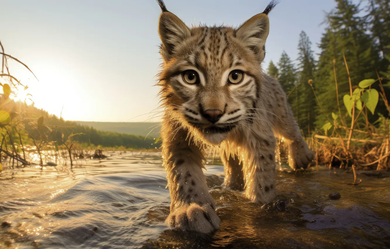 Photo wallpaper look, face, water, river, predator, lynx, big cat, digital art
