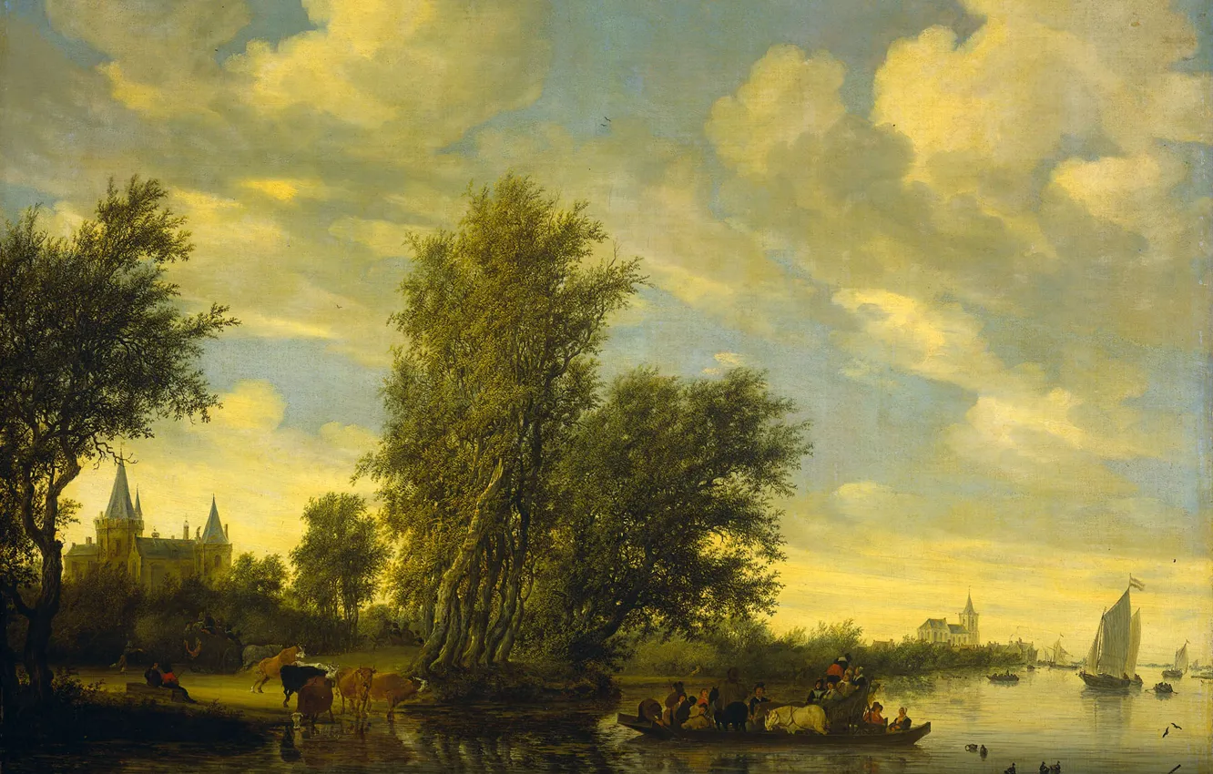 Photo wallpaper oil, picture, canvas, Salomon van Ruisdael, River Landscape with Ferry